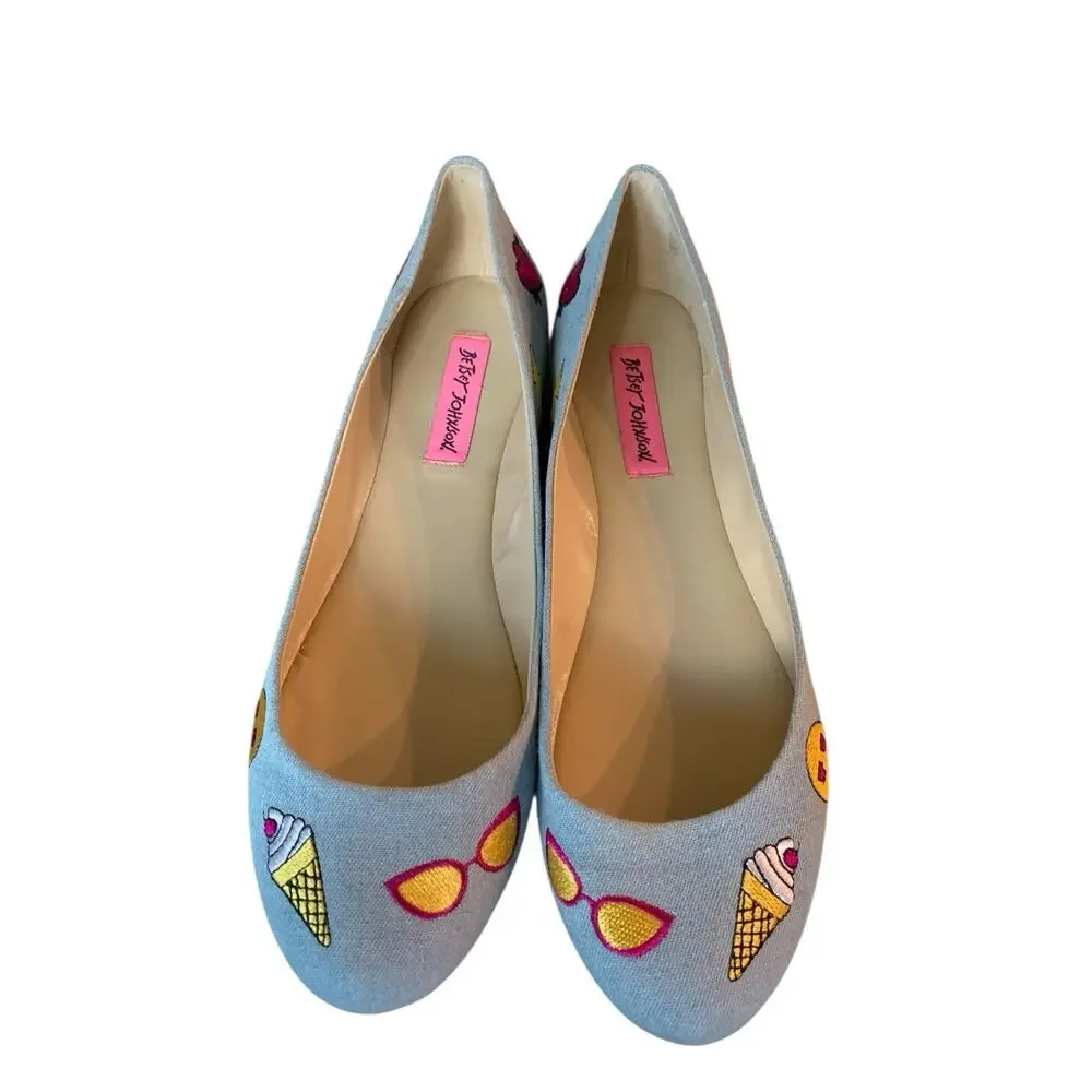 Betsey Johnson Leoniee Emoji Blue Denim‎ Ballet Flats Womens 9